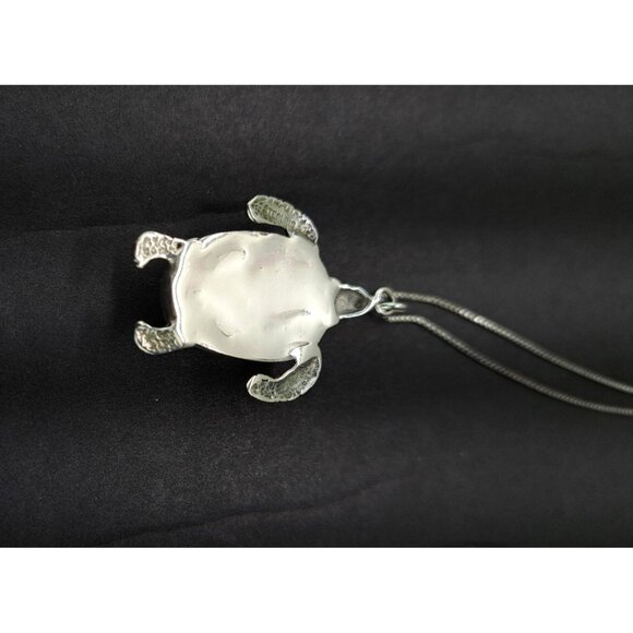 Vintage Turtle Pendant Necklace Snowflake Obsidian Stone Chain Sterling Silver - Picture 5 of 12